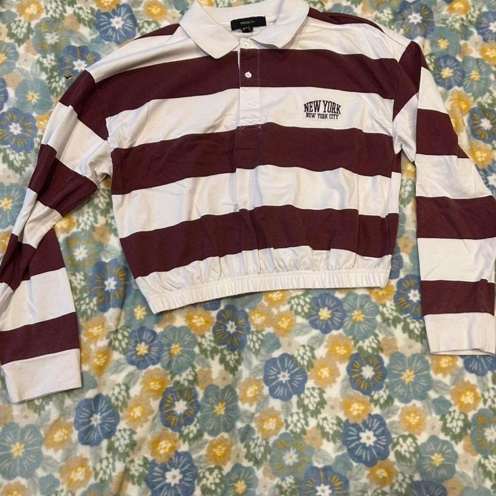Forever 21+ Women's OX Long sleeve collared crop top maroon and white striped